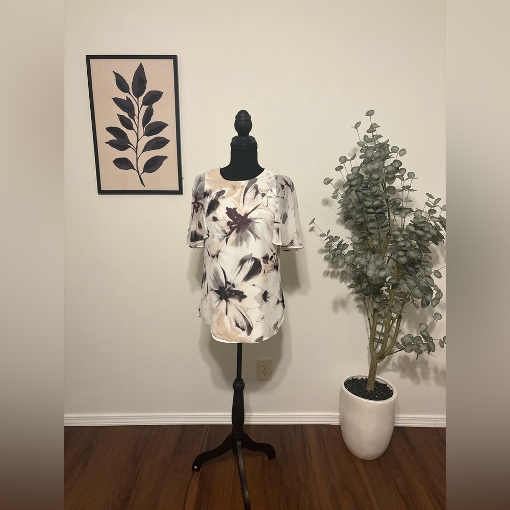 Calvin Klein Floral Short Sleeve Blouse - Cream, Brown, Black